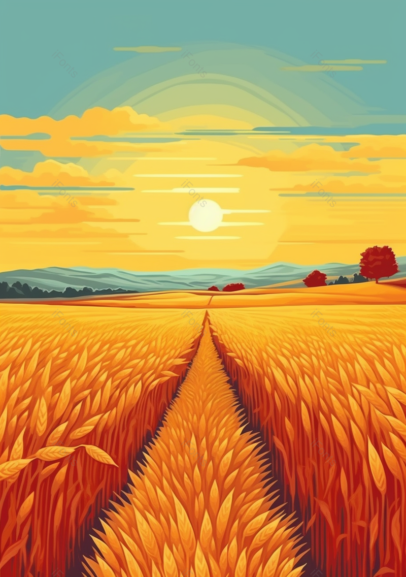 丰收麦穗夕阳橙色节气芒种插画背景,插画/手绘图,插画/手绘图库,插画/手绘图下载,插画/手绘